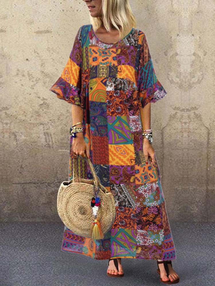 Women Retro Crew Neck 3/4 Sleeve Maxi Dress