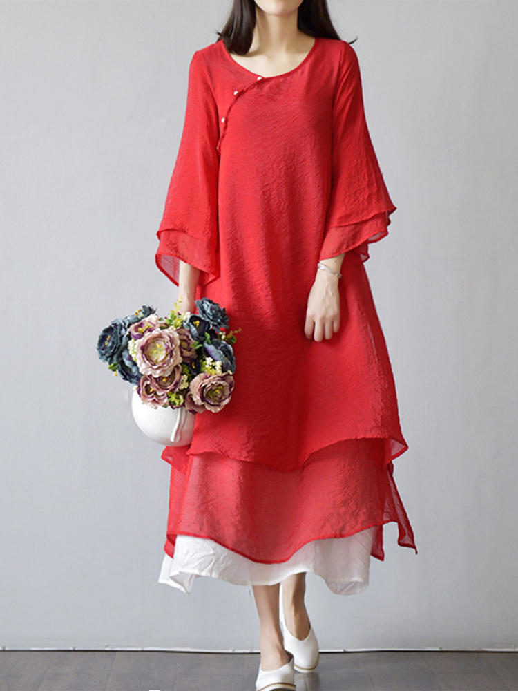 Vintage Women Cotton Linen Solid Layer 3/4 Sleeve Dress