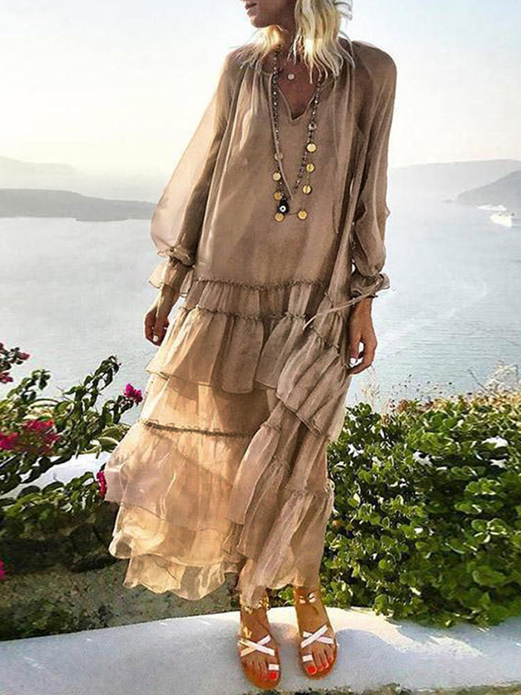 Women Loose Lace Up Long Dress See Through Pleated Ruffle Shirt