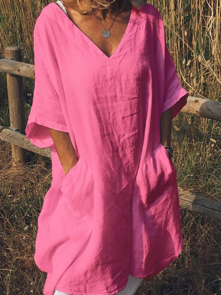 Solid Color V-neck Half Sleeve Pocket Casual Dress for Women