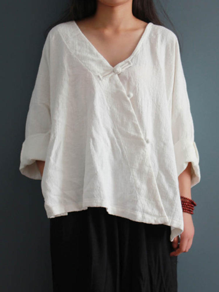 Women Casual Long Sleeve V-neck Plate Buckle Solid Asymmetric Bl