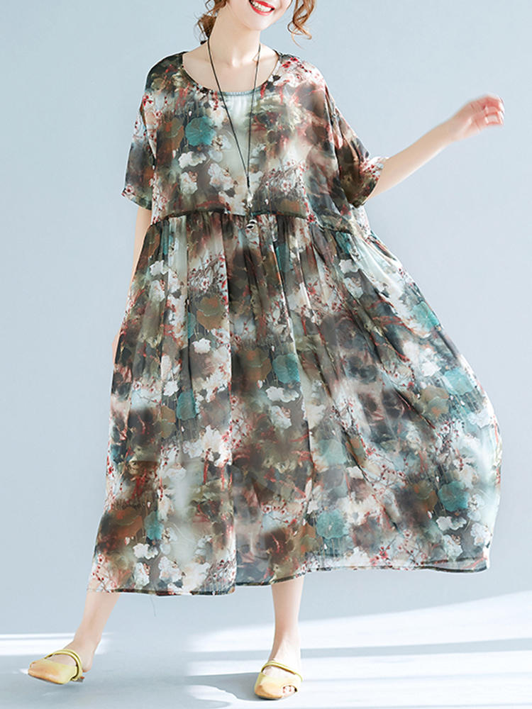 Women Floral Print Short Sleeve Loose Chiffon Dress