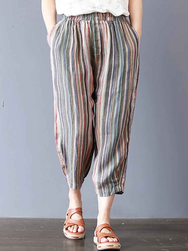 Women Elastic High Waist Striped Cropped Pants