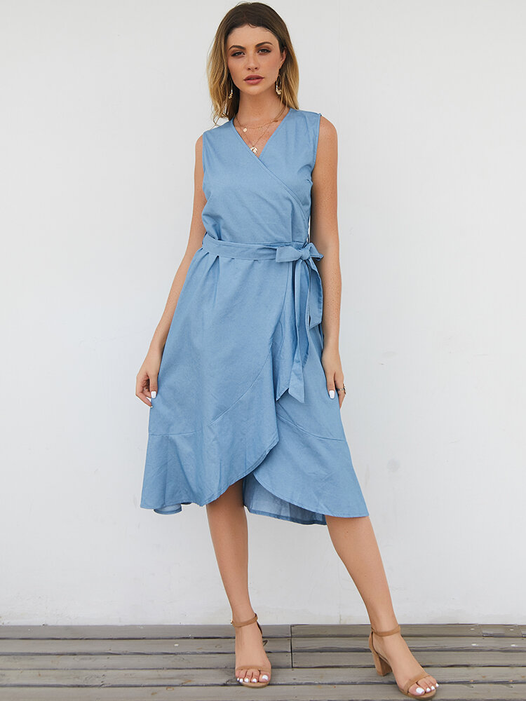 Women Casual V-neck Sleeveless A-line Midi Dress With Belt