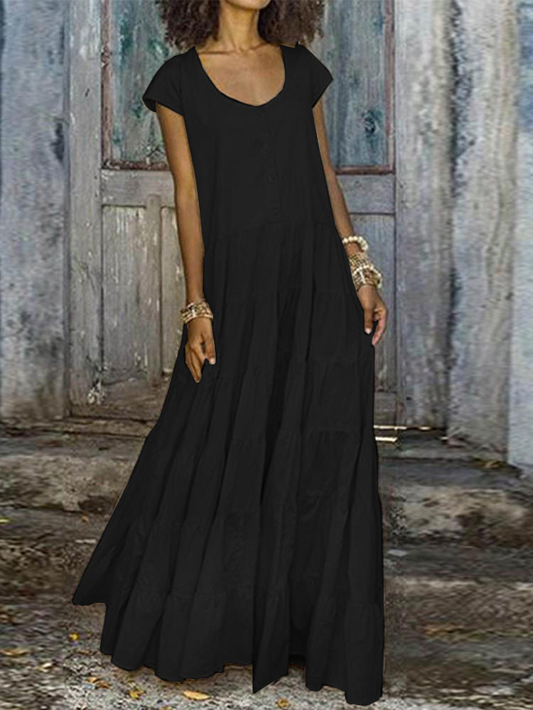 Pure Color Crew Neck Short Sleeve Maxi Dress