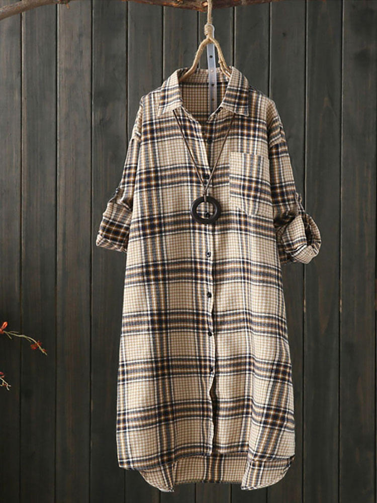 Women Long Sleeve Plaid Casual Asymmetrical Long Blouse