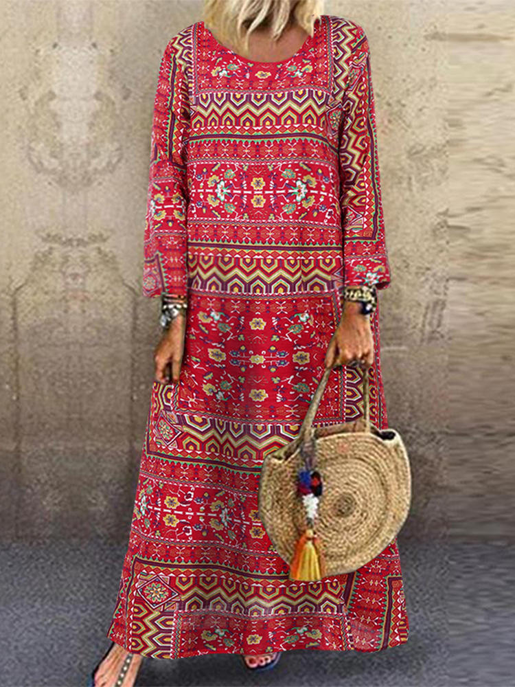 Women Long Sleeve Printed Floral Ethnic Baggy Loose Long Maxi Dr
