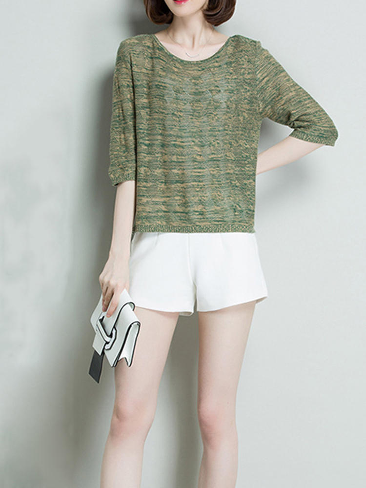 Casual Women Loose Hollow Half Sleeve Knit Irregular Hem Tops