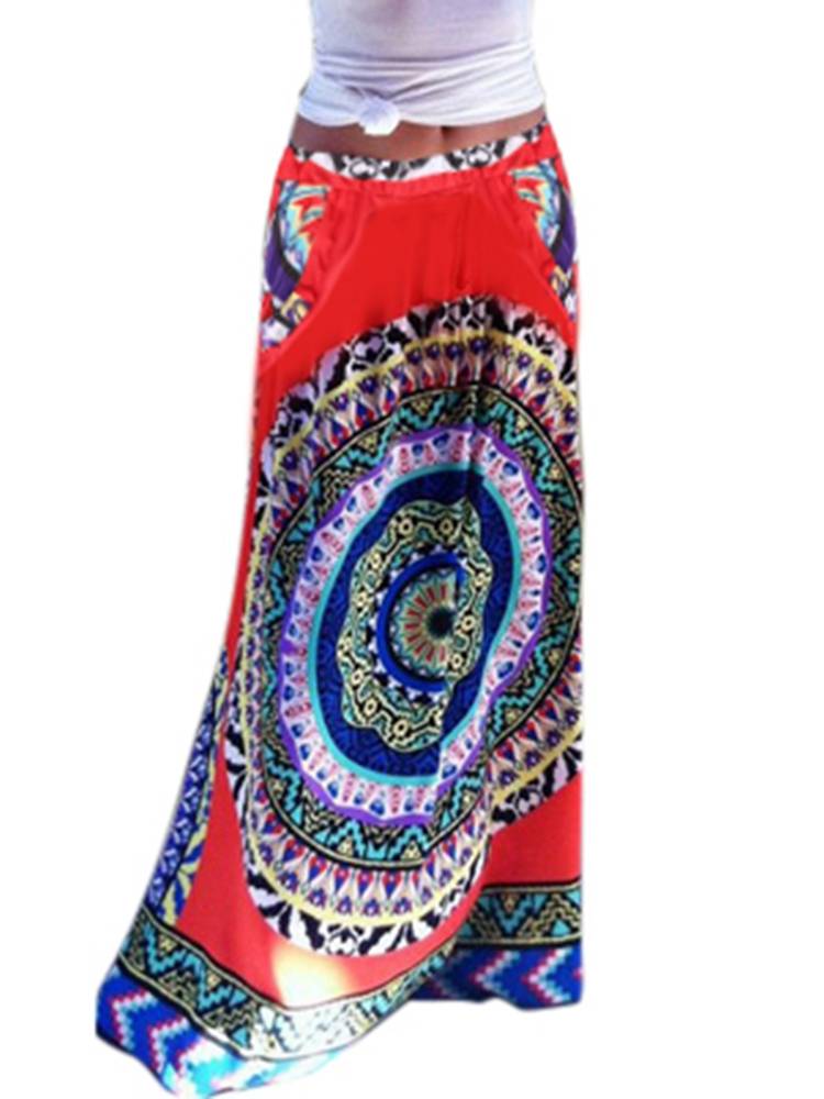 Ethnic Bohemian Printed Elastic High Waist Pocket Women Beach Ma