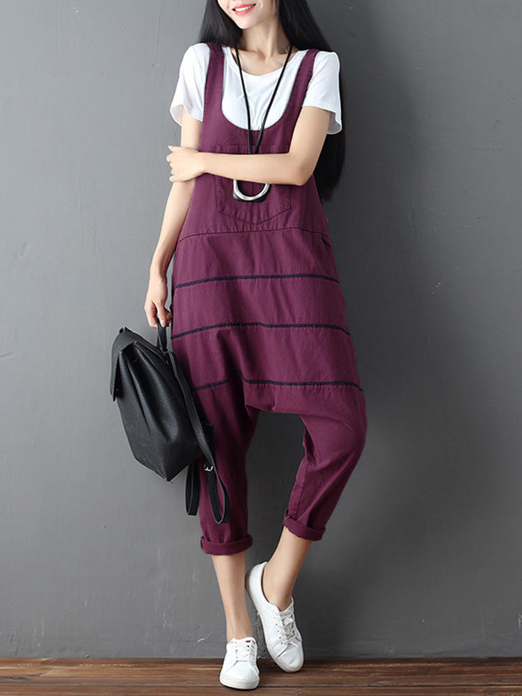Women Strappy Cotton Linen Loose Harem Overalls Jumpsuit