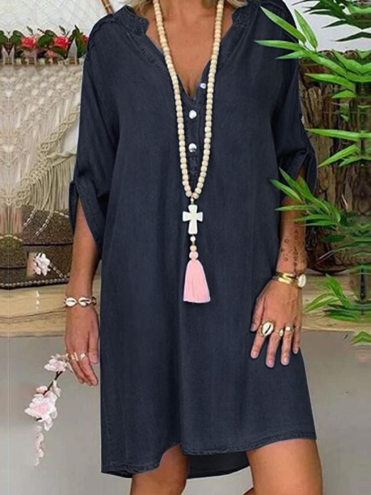 Women 3/4 Sleeve Casual Loose Knee Length Button Down Shirt Dres