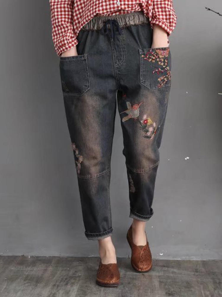 Drawstring Floral Embroidered Vintage Ripped Denim Jeans