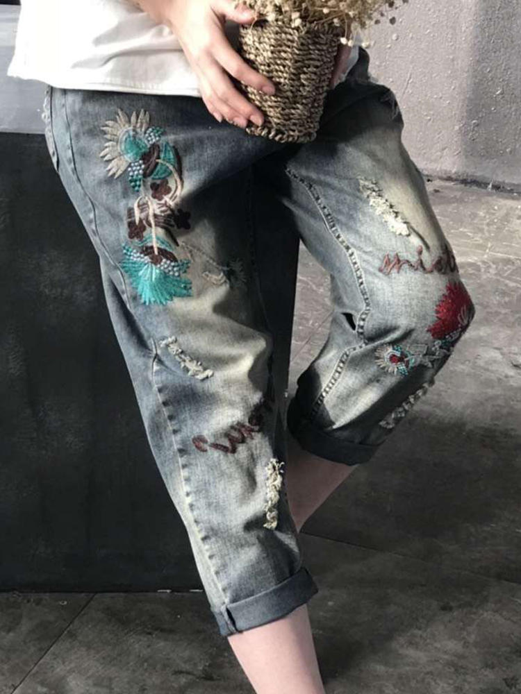 Casual Embroidery Distressed Loose Denim Jeans