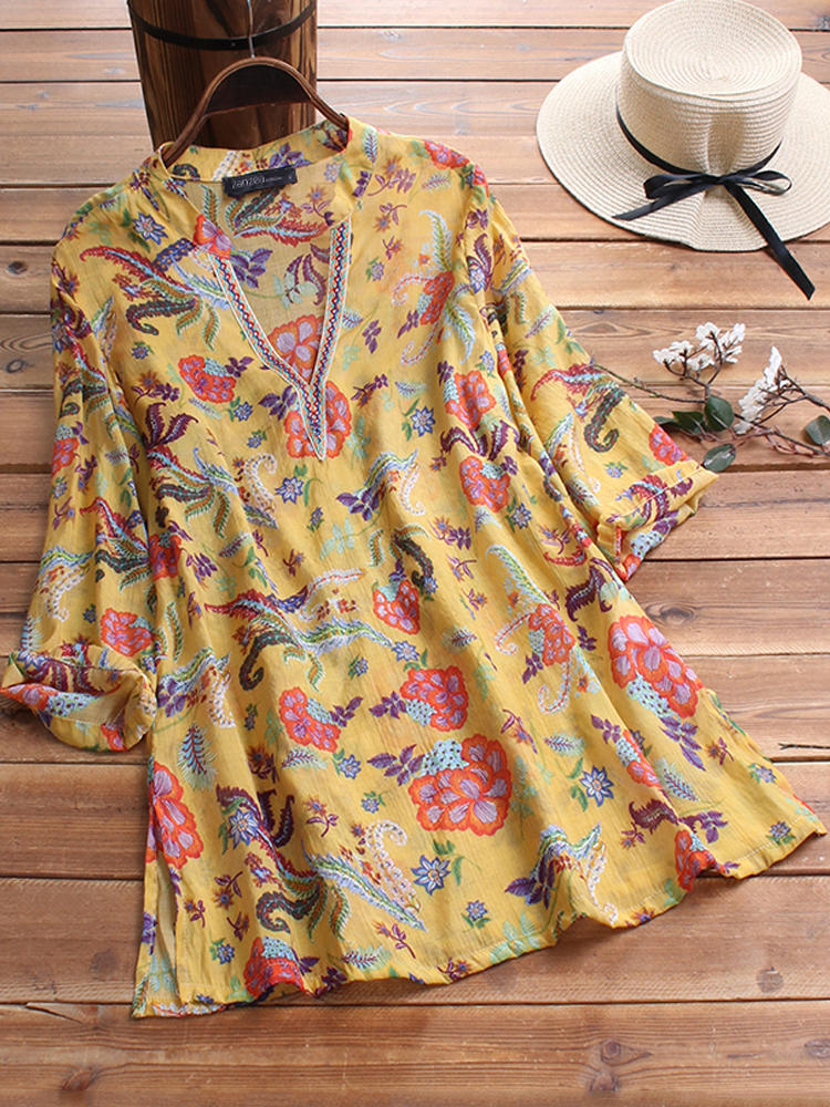 3/4 Sleeve V-neck Floral Print Vintage Blouse For Women