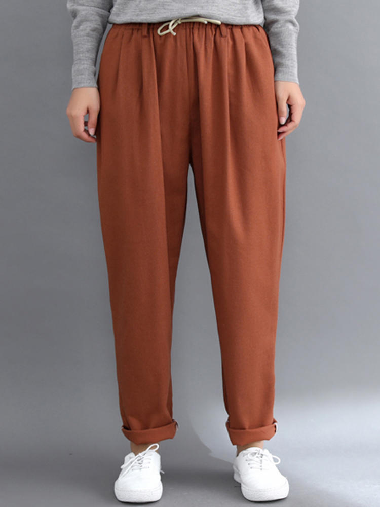 Women Casual Elastic Waist Pure Color Pants with Pockets