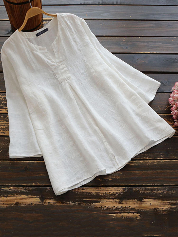Women Casual Solid V Neck Cotton 3/4 Sleeve Blouse