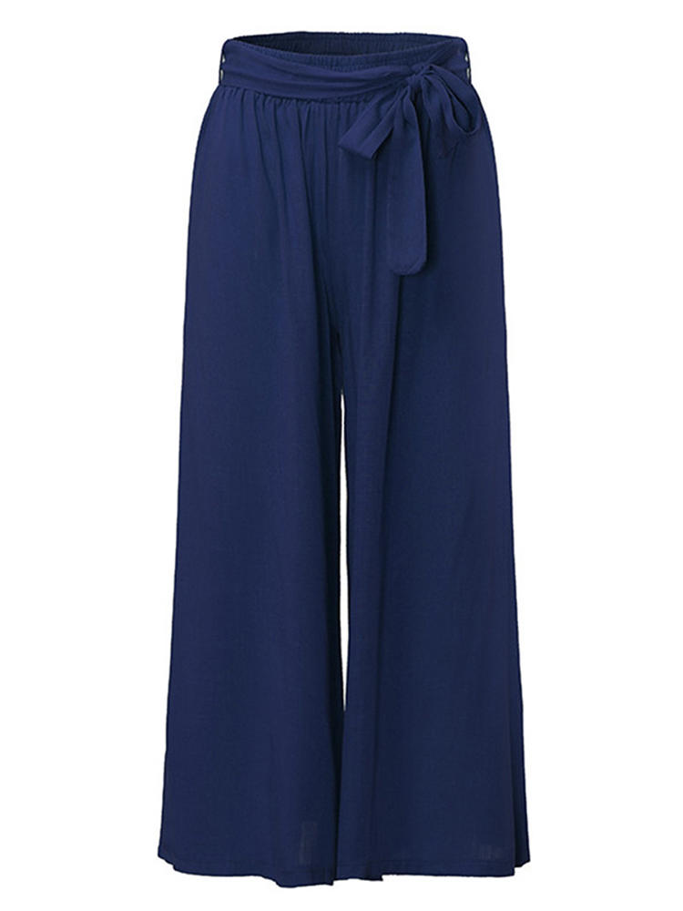 Women Cotton Wide Leg Casual Pure Color Trousers Pants