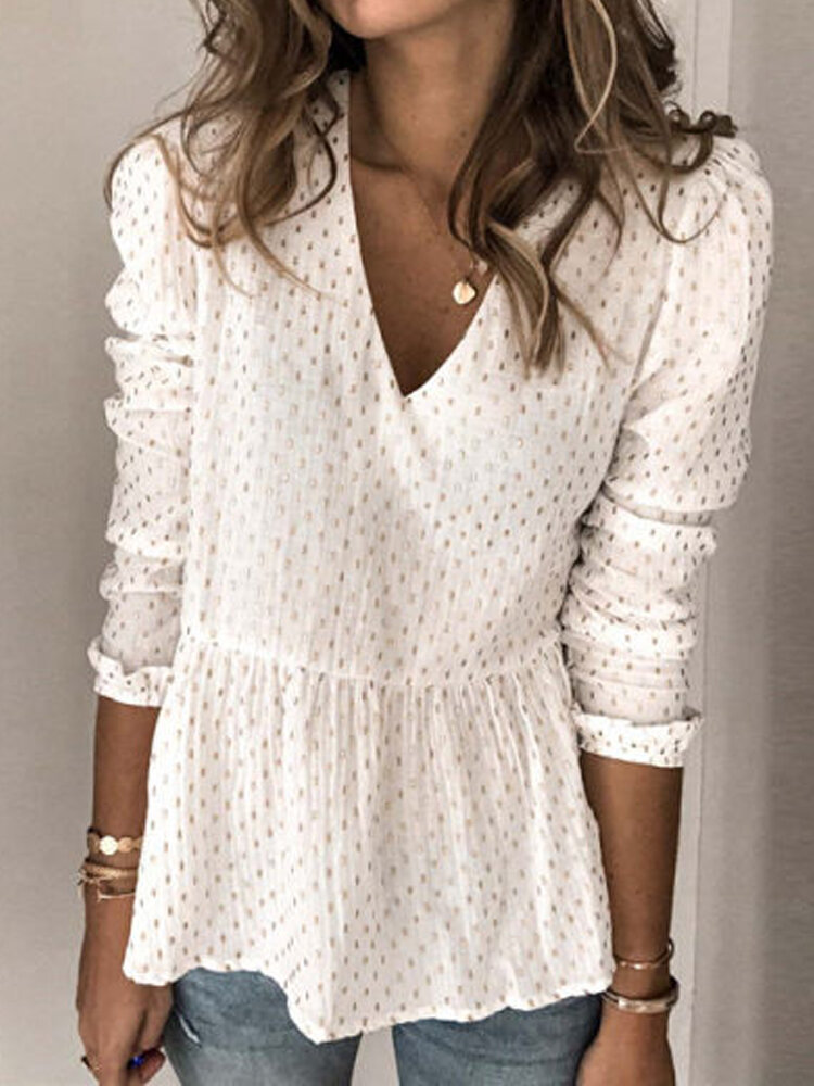 Chiffon Polka Dot Print V-neck Long Sleeve Causal Blouse For Wom