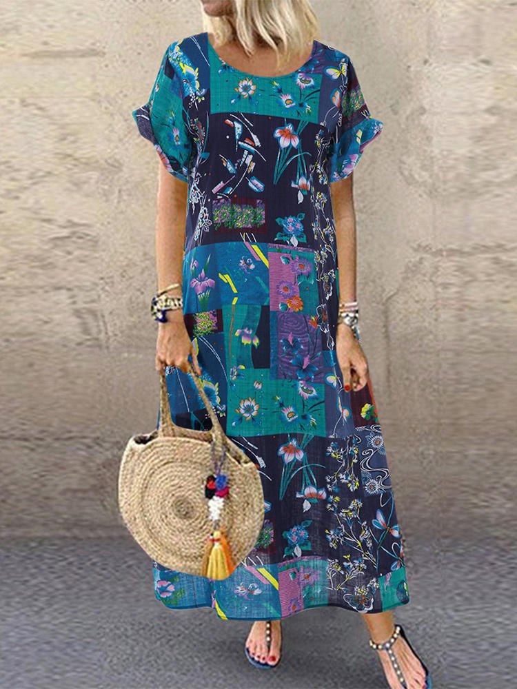 Bohemian Floral Print Short Sleeve Summer Maxi Dress