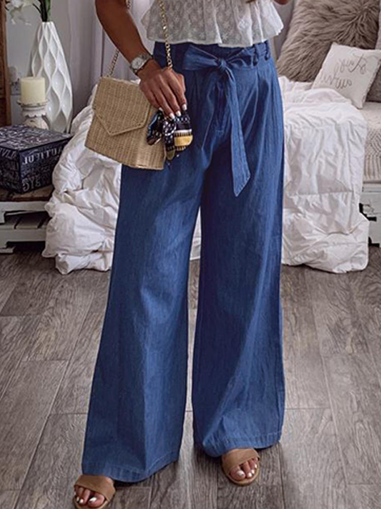 Women High Waist Casual Wide Legs Long Pants With Belt