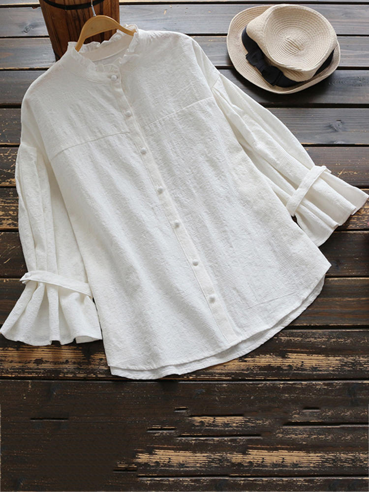 Women Pure Color Jacquard Stand Collar Vintage Blouse
