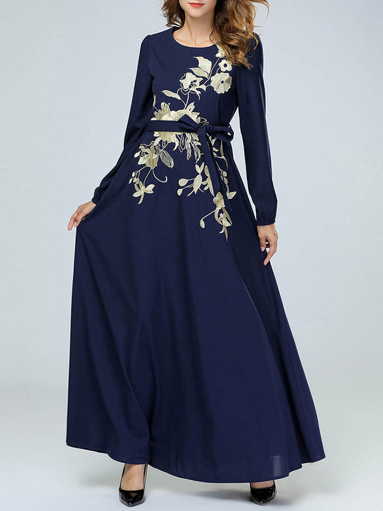 Women Embroidery Long Sleeve Maxi Dress
