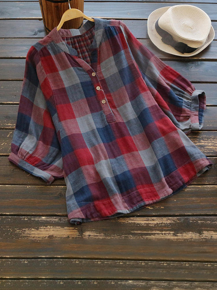 Women Casual Plaid V-Neck 3/4 Sleeve T-Shirts