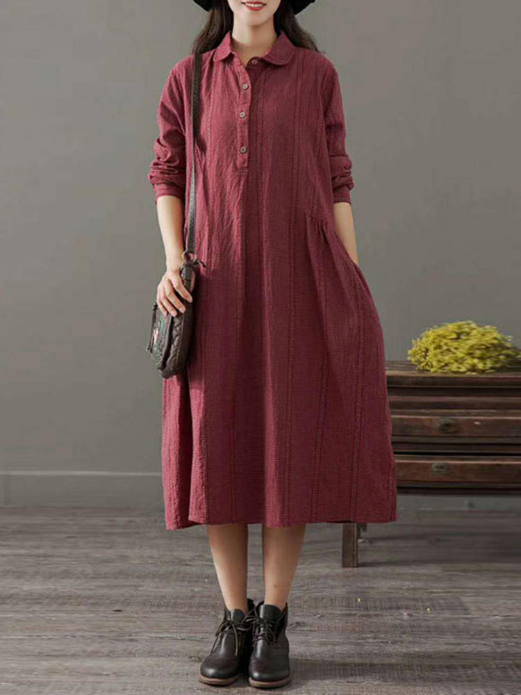 Pockets Stripe Long Sleeve Lapel Vintage Maxi Dress