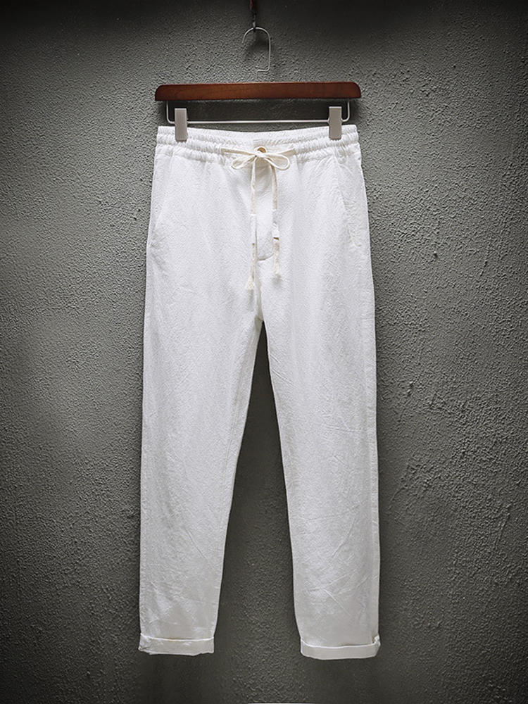 Women Linen Cotton Elastic Drawstring Waist Pockets Pants