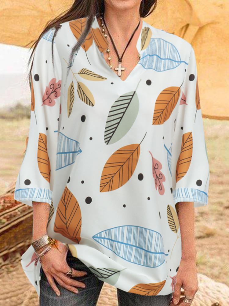 Women 3/4 Sleeve Casual Loose Floral Printed Shirts Blouse
