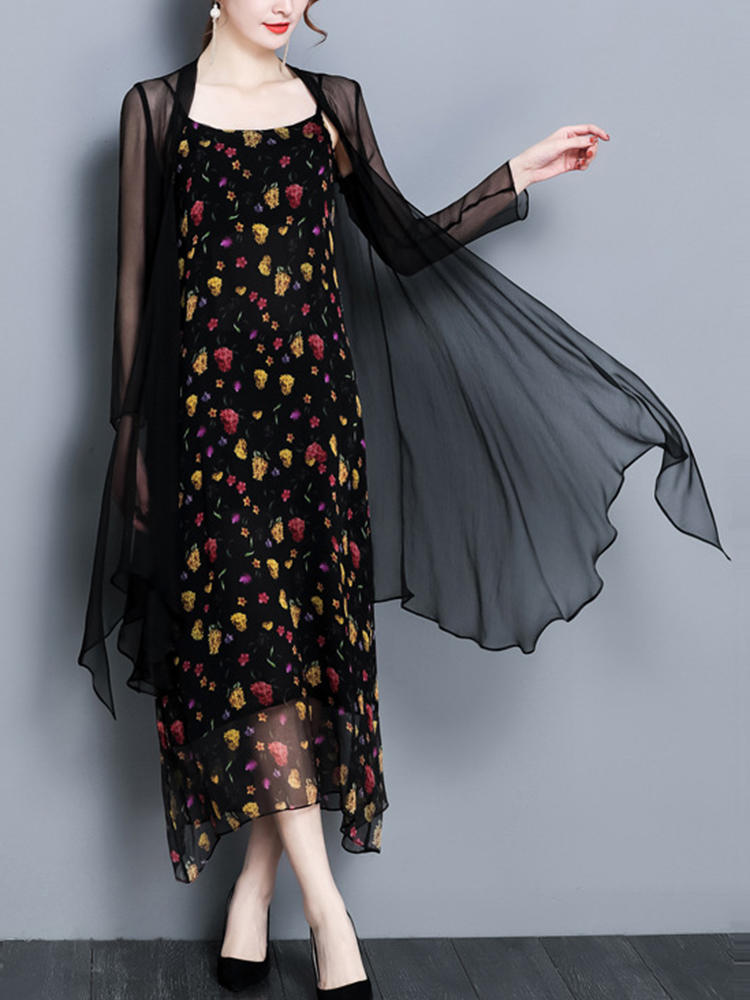 Elegant Women Floral Printed Long Sleeve Two-Piece Dress