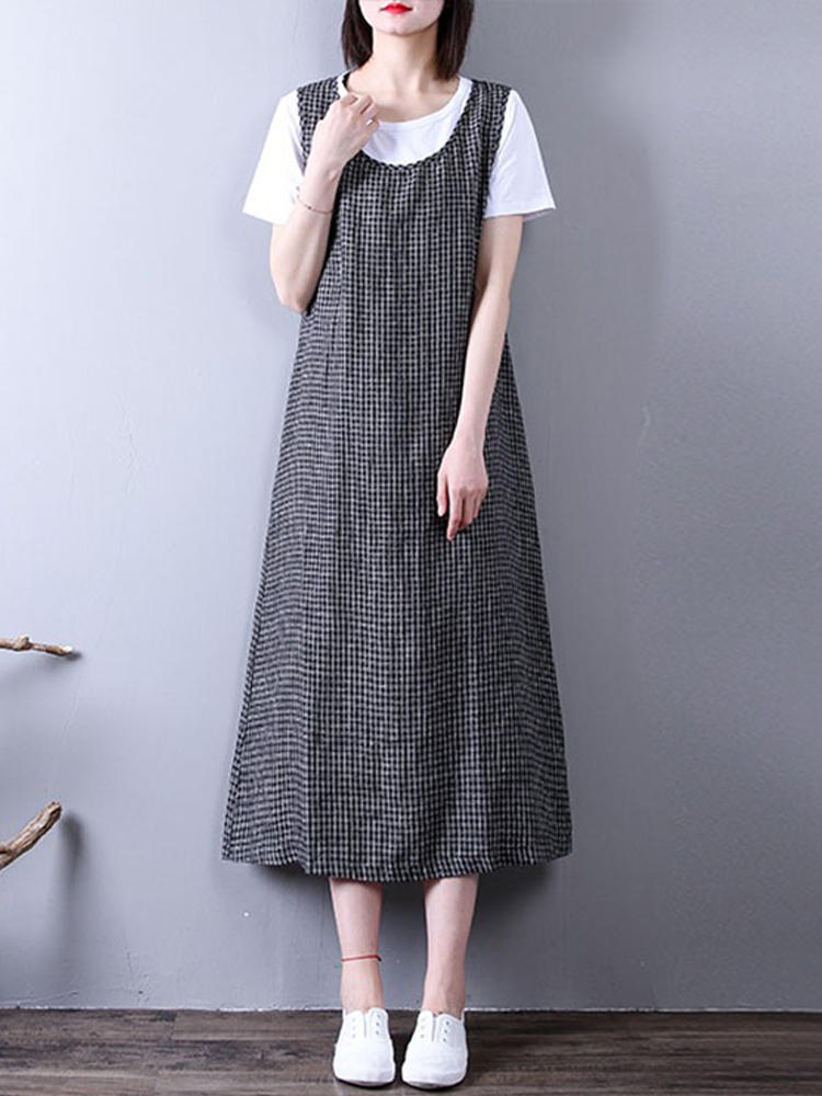 Women Sleeveless Plaid Loose Casual Mid-long Tank Dress