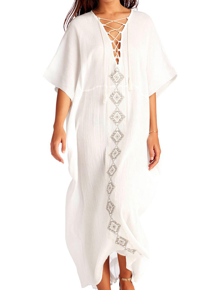 Women Half Sleeve V Neck Floral Print Kaftan Maxi Dress