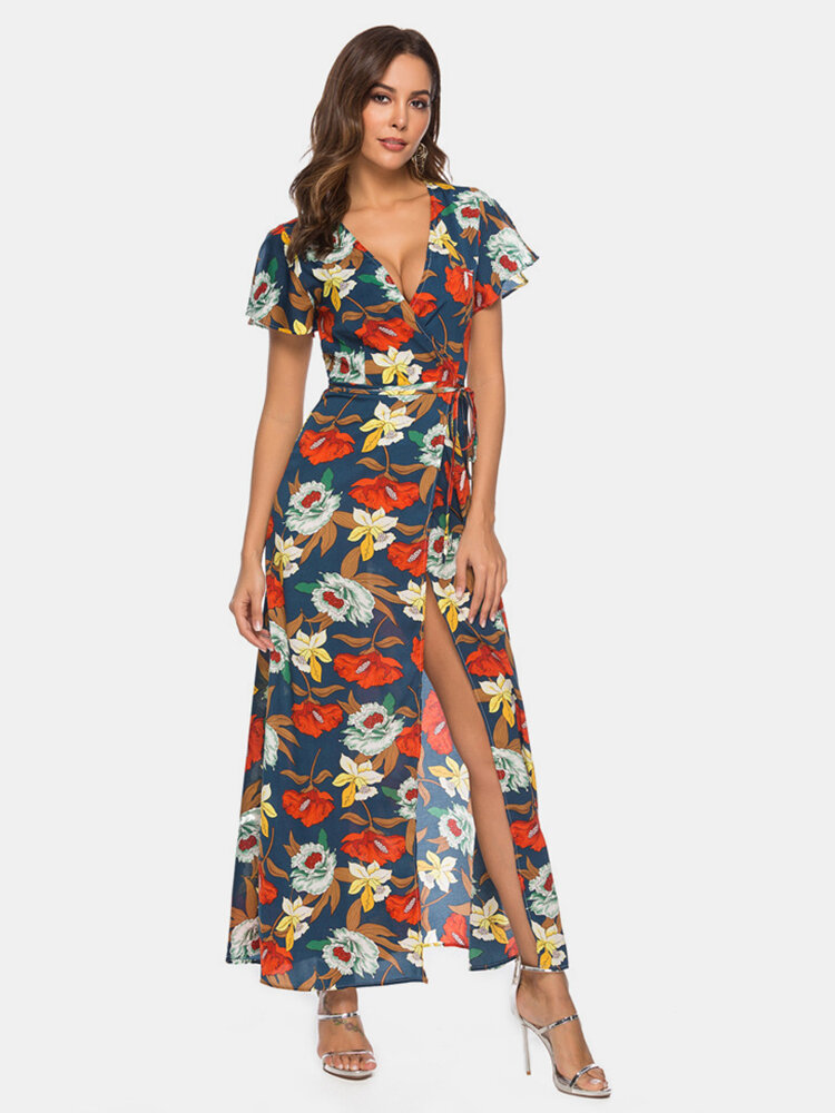 Bohemian Floral Print V-neck Bandage Split Maxi Dress