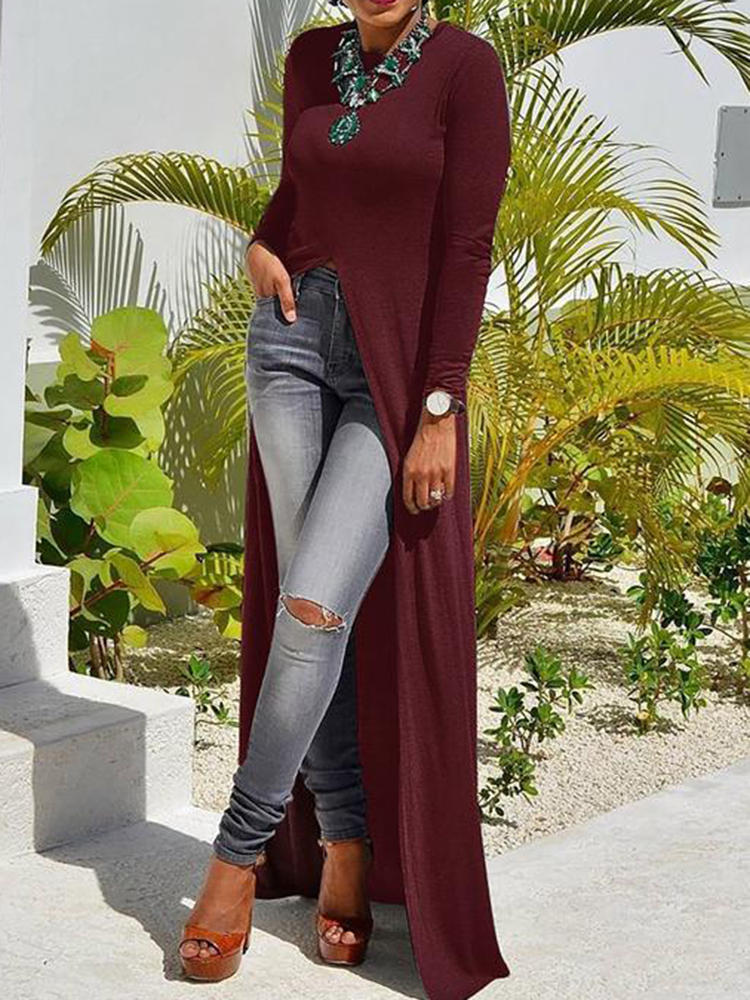 Women Casual Long Sleeve High Split Front Long Maxi Shirt Blouse
