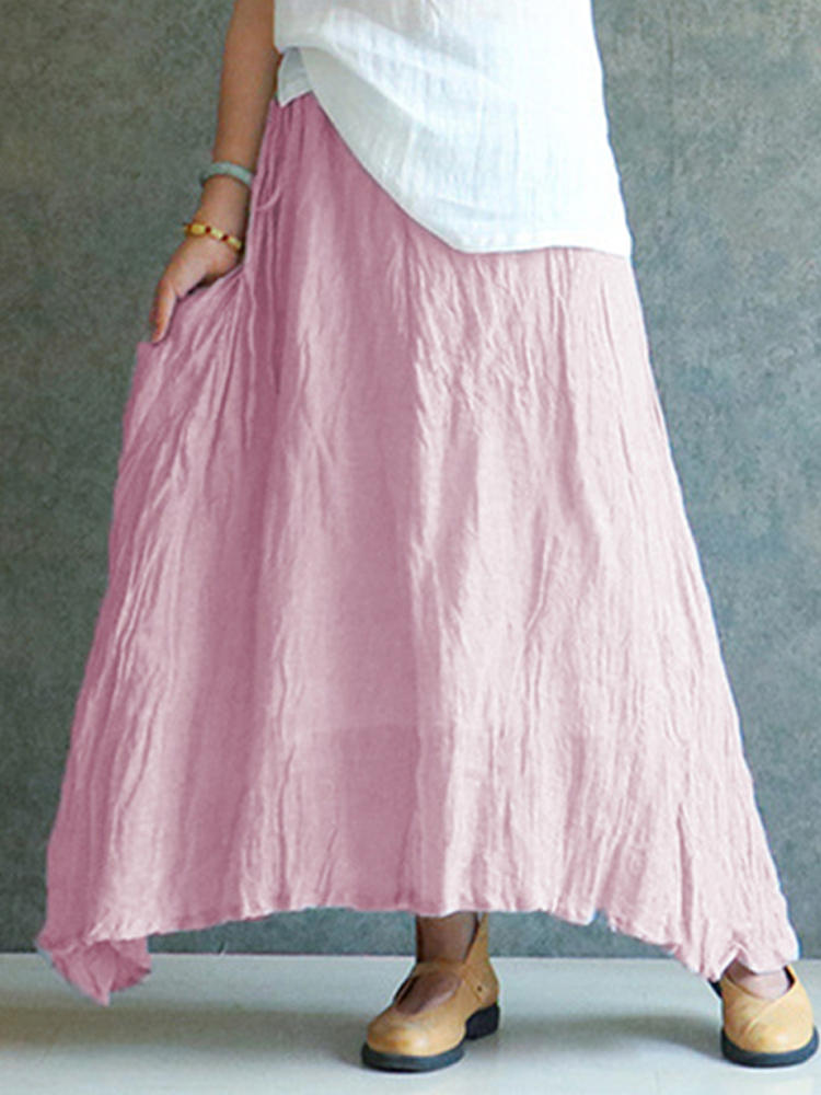 Women Vintage Summer Pleated Cotton Casual Long Maxi Skirts