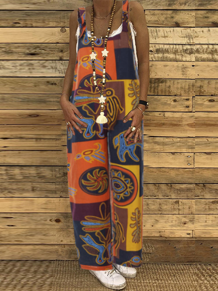 Vintage Women Ethnic Loose Folk Style Printed Strap Jumpsuit wit