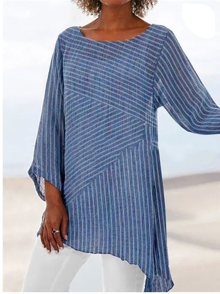 Women Striped Stitching Irregular Hem Long Sleeve Blouse