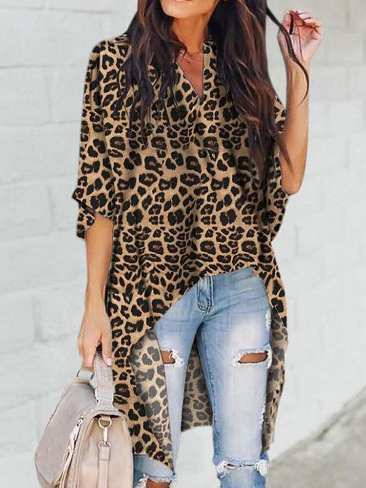 Women Leopard Print Irregular Hem V-neck Casual Blouse