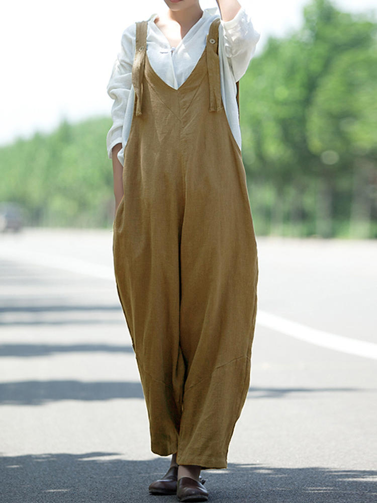Women Sleeveless Adjustable Strap V-neck Side Pockets Pure Color
