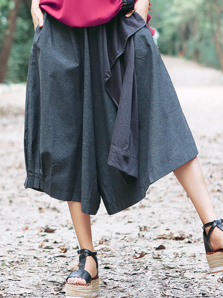 Women Loose Cotton Linen Elastic Waist Asymmetrical Pants