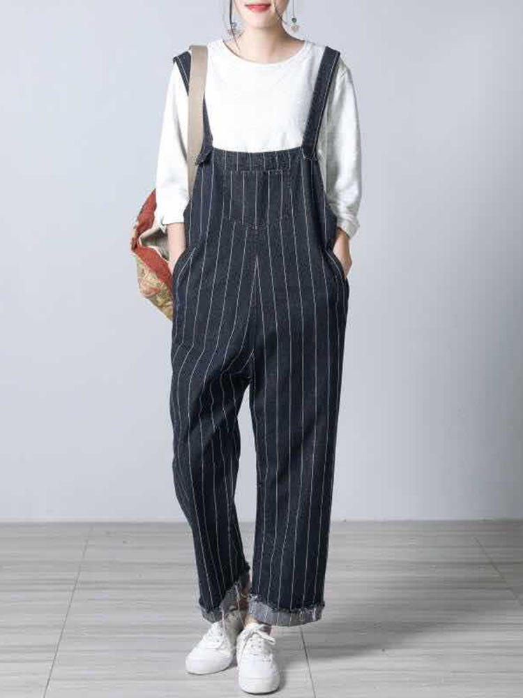 Women Sleeveless Straps Stripe Casual Wide Leg Jumpsuit