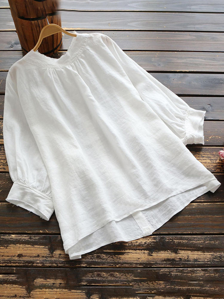 Women 3/4 Sleeve O Neck Cotton Irregular Casual Loose Shirt Blou