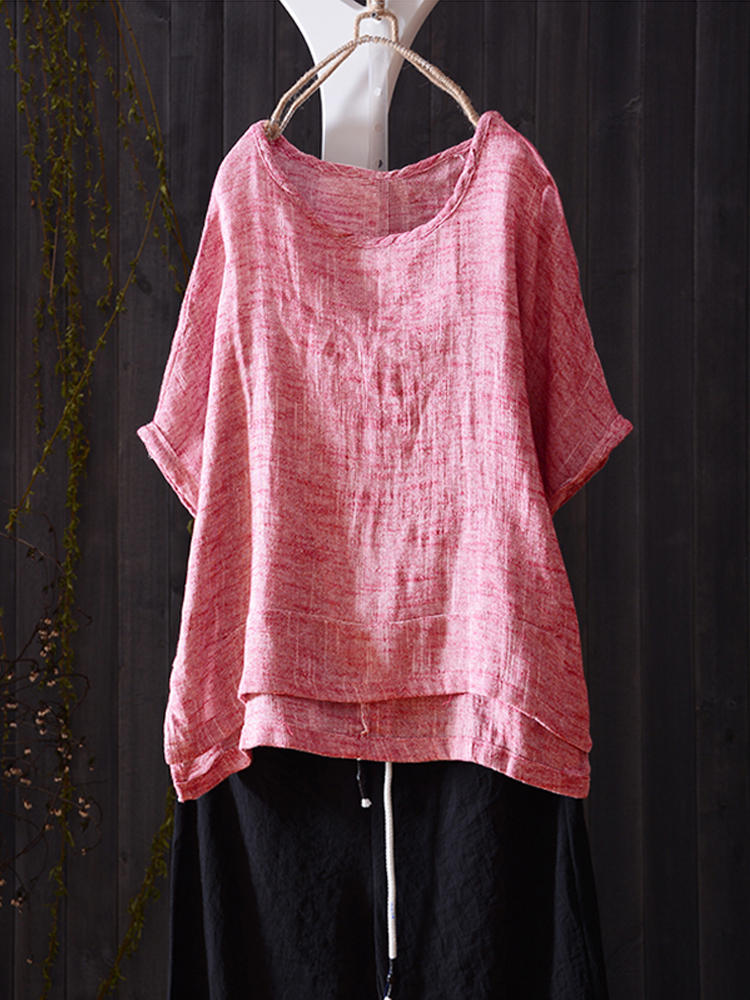 Women Short Sleeve Asymmetrical Split Casual Blouse