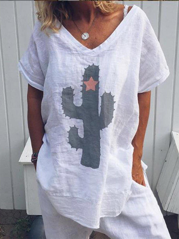 Women Casual Cotton Cactus Print Short Sleeve Blouse