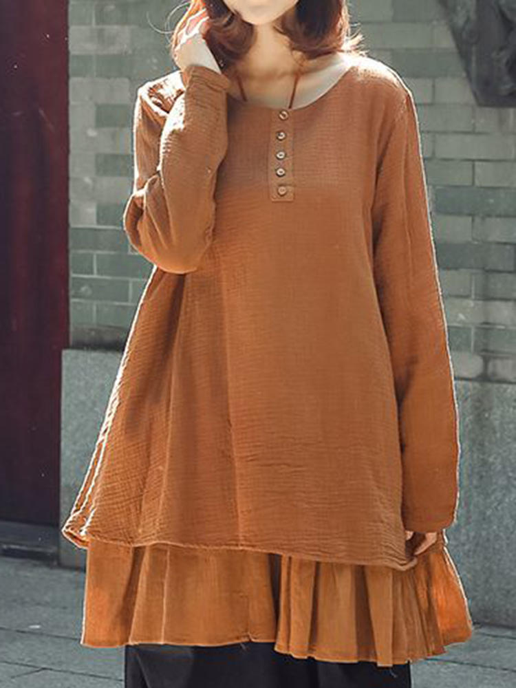 Women Pure Color O-neck Patchwork Plated Blouse