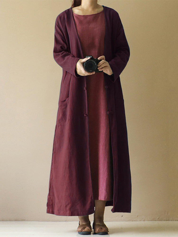 Women Autumn Plate Buckle Long Sleeve Vintage Outwears Coats