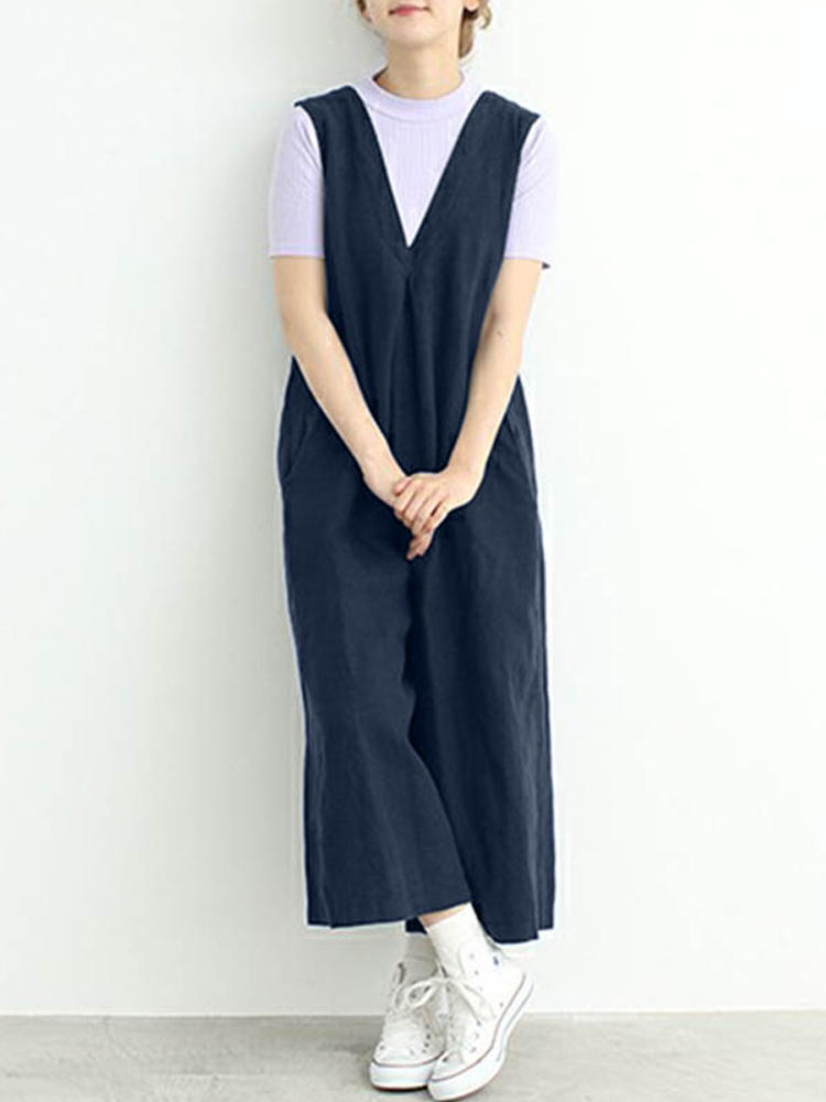 Women Sleeveless V-neck Loose Cotton Wide Leg Jumpsuit