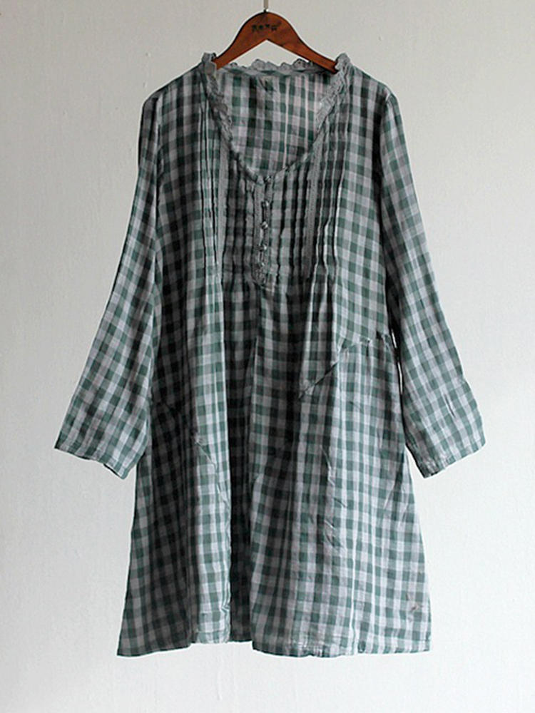 Autumn Women Plaid Buttons V-neck Long Sleeve Vintage Blouse