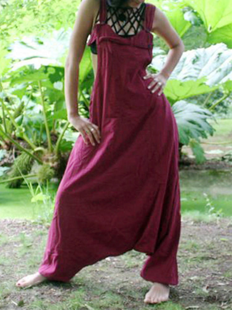 Women Pure Color Cotton Side Pockets Adjustable Strap Jumpsuit